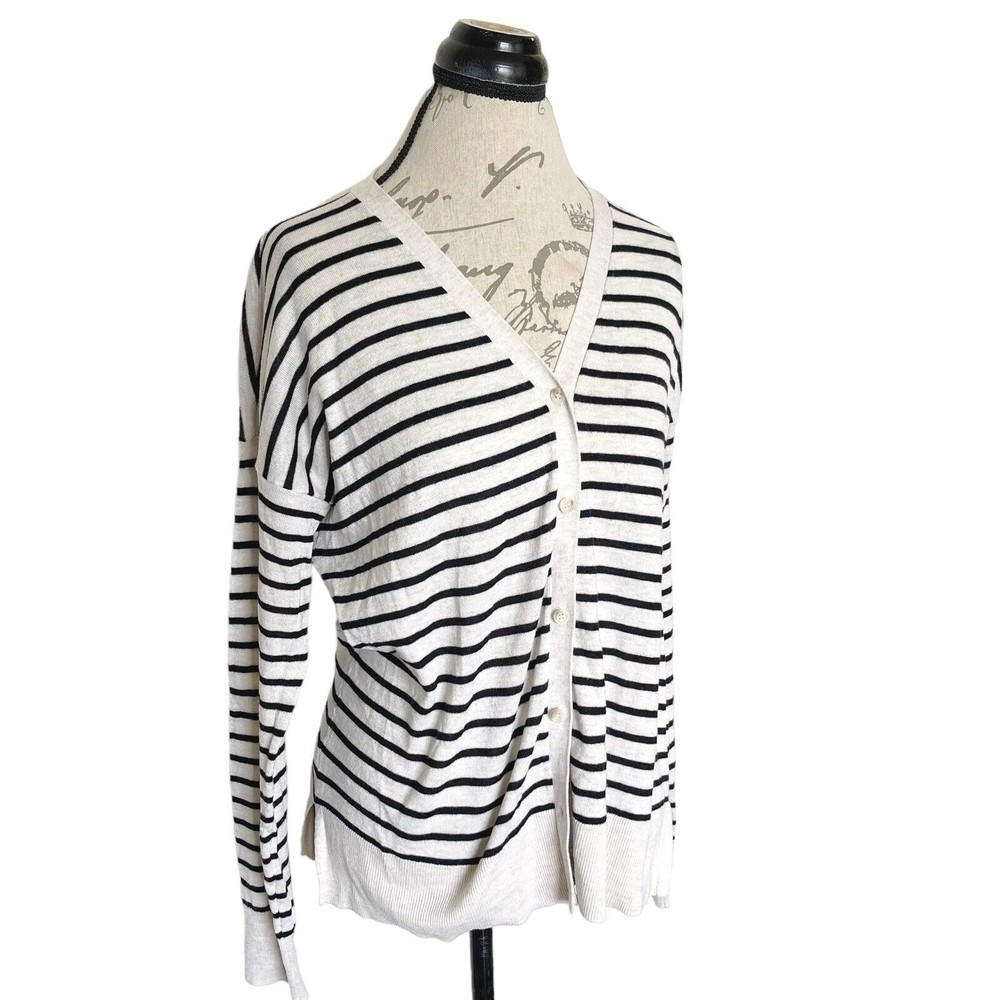 Loft Womens  Sweater Medium Cardigan Button Down Striped Beige Wool Blend Ribbed - Picture 2 of 12